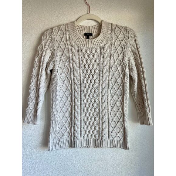 Talbots Petites Ivory Cotton Blend Mixed Cable Knit Crew Neck 3/4 Sleeve Sweater - Picture 2 of 8